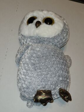 Ty Gray and White Plush Owl Pet Toy with Shiny Brown Feet LARGE